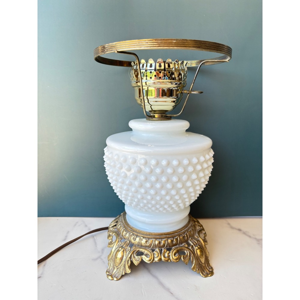 Vintage White Milk Glass Hobnail Table Lamp Ornate Brass Base Mid Century